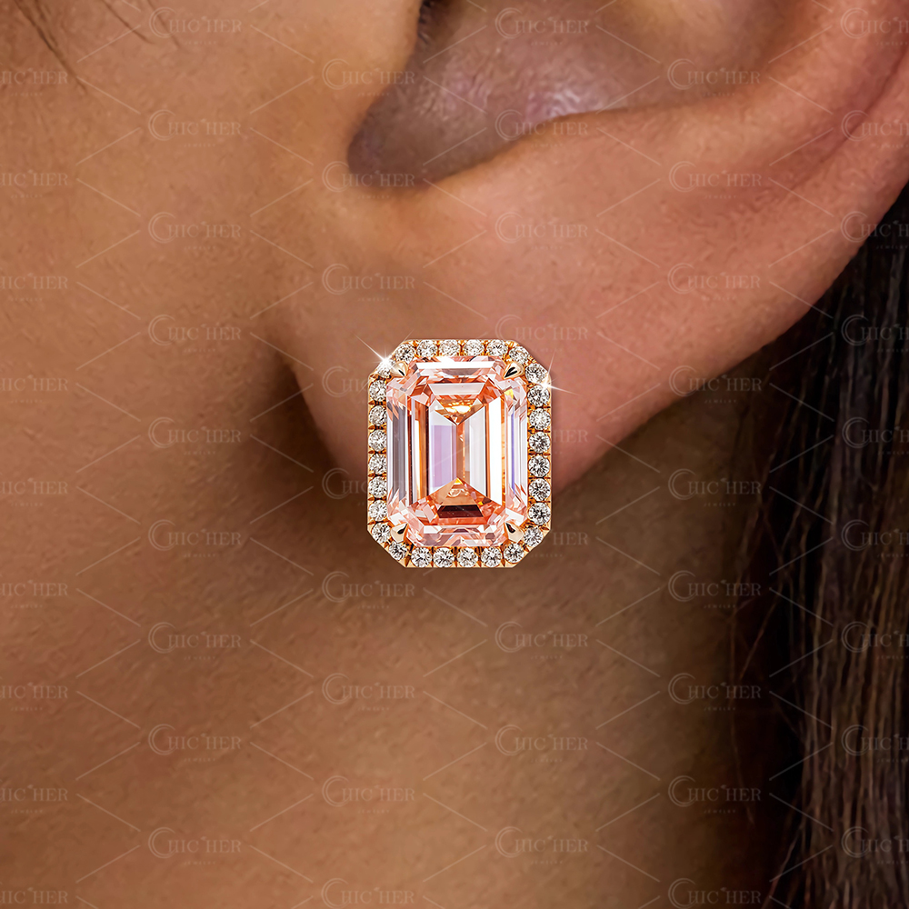 Halo Emerald Cut Pink Sapphire Stud Earrings