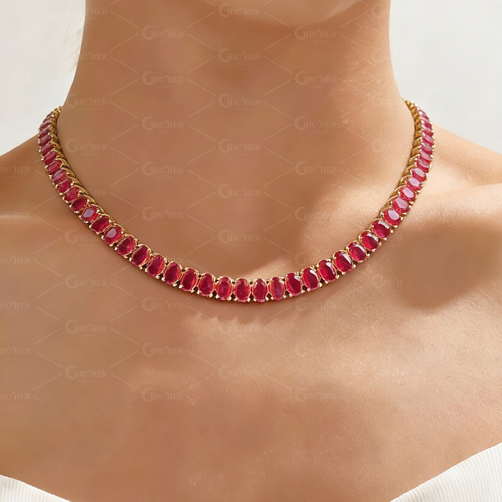 Classic Oval Cut Ruby Sapphire Tennis Necklace