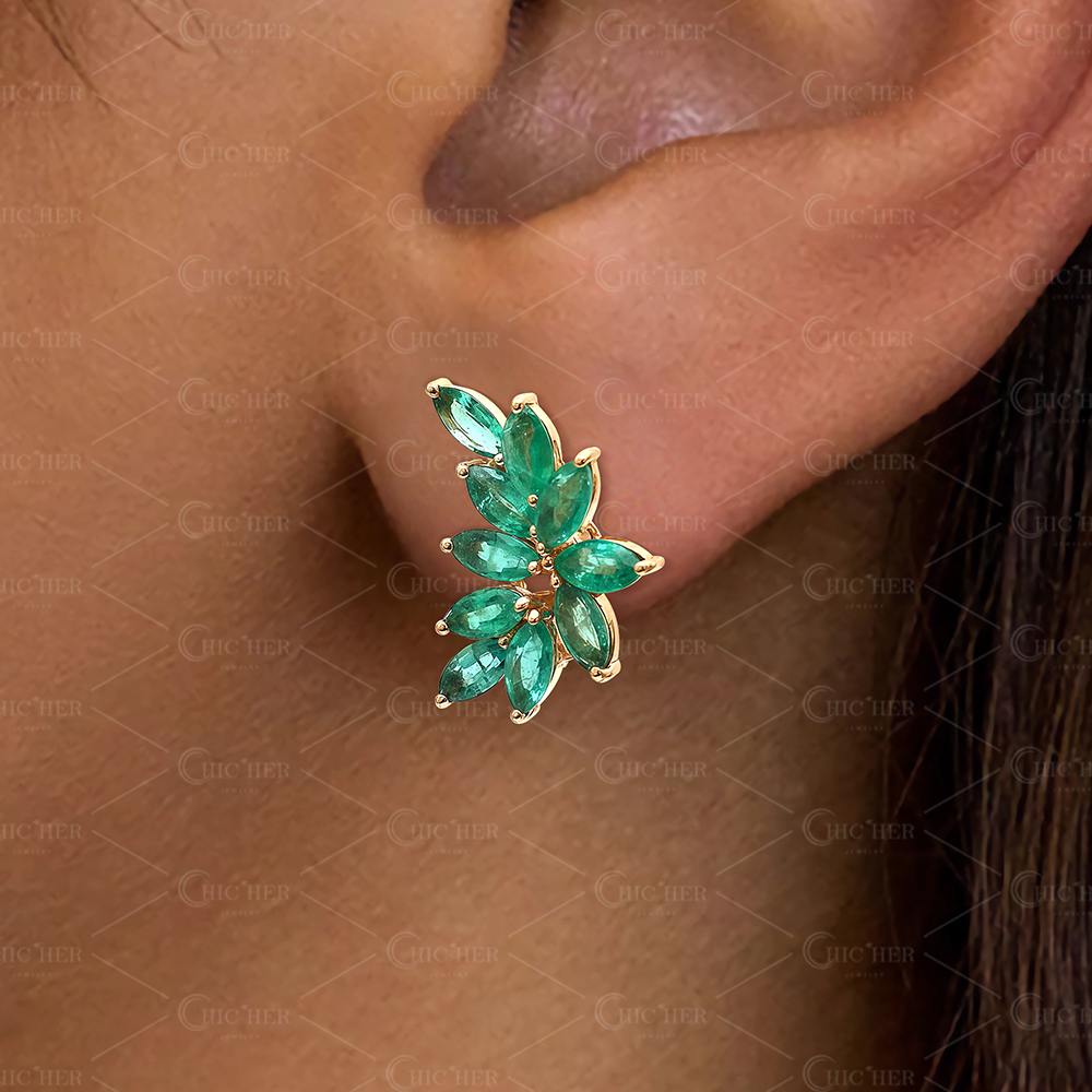 Vintage Marquise Cut Emerald Sapphire Stud Earrings