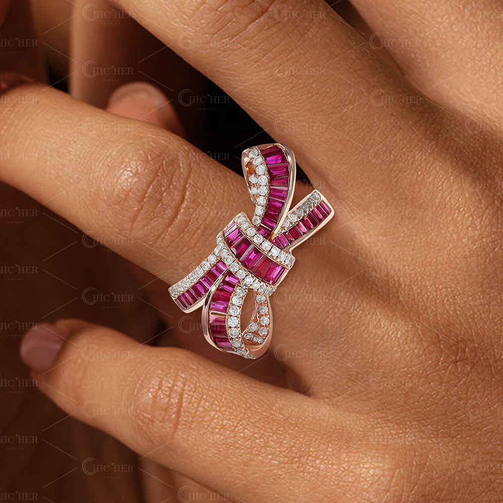 Two Tone Knot 4.15ct Ruby&White Sapphire Cocktail Ring