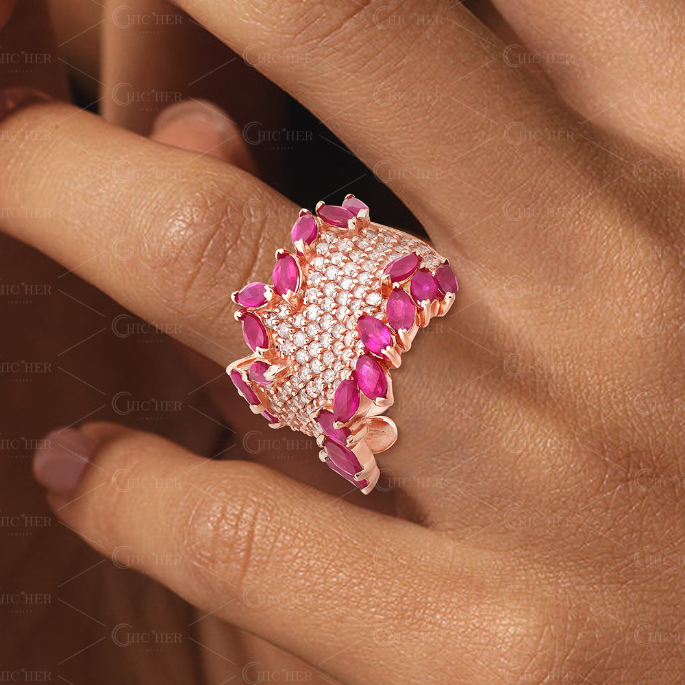 Pave Setting 4.8ct Ruby&White Sapphire Cocktail Ring