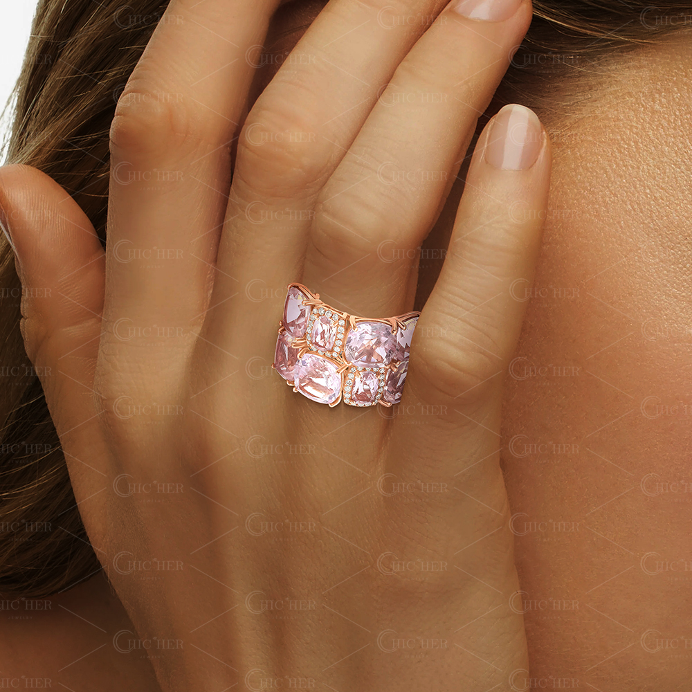 10.16ct Cushion Cut Pink Quartz Sapphire Cluster Ring