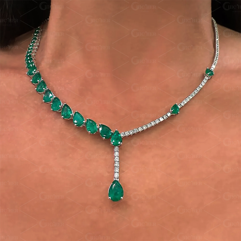 Two Tone Emerald&White Sapphire Lariat Necklace