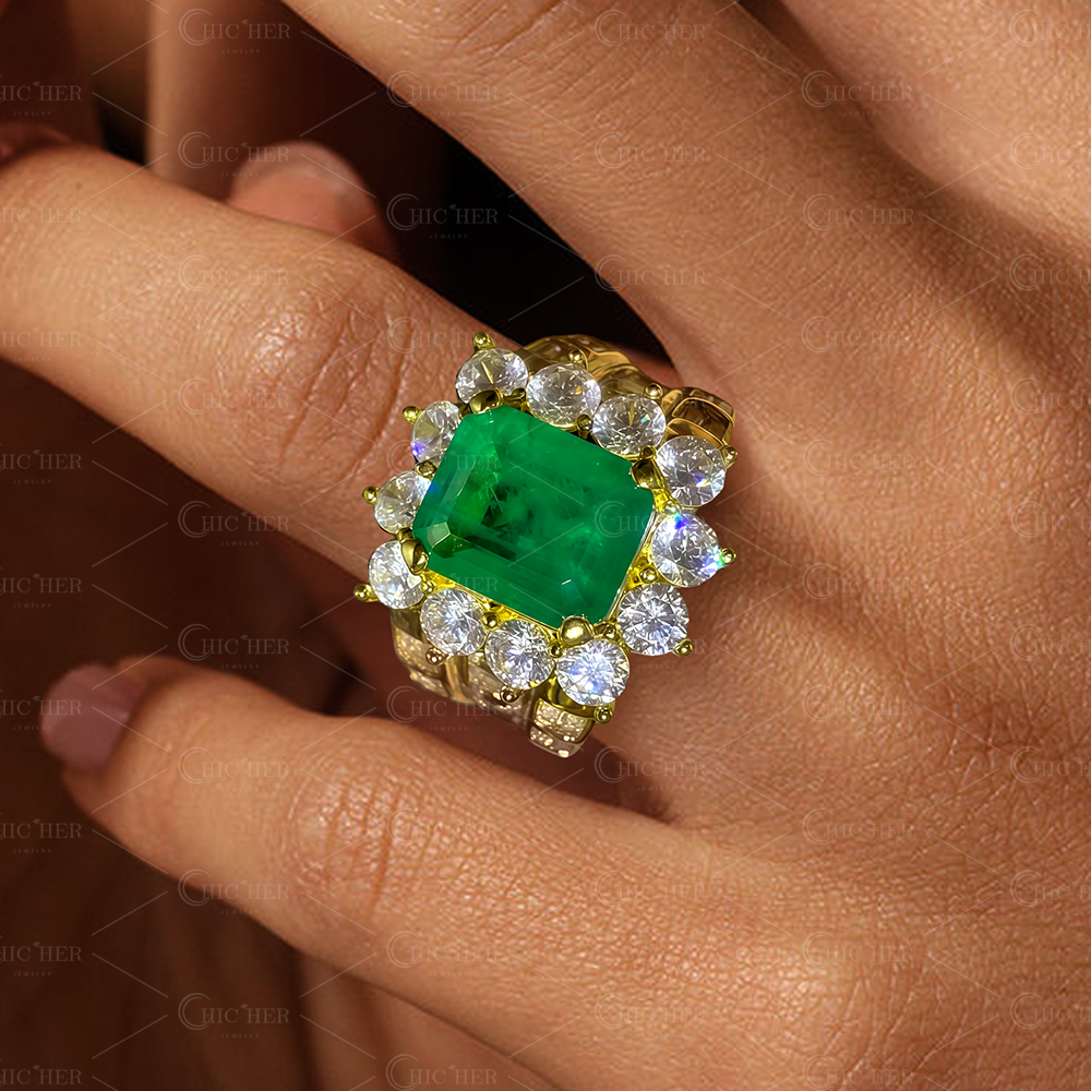Halo 8ct Emerald Cut Emerald Sapphire Engagement Ring