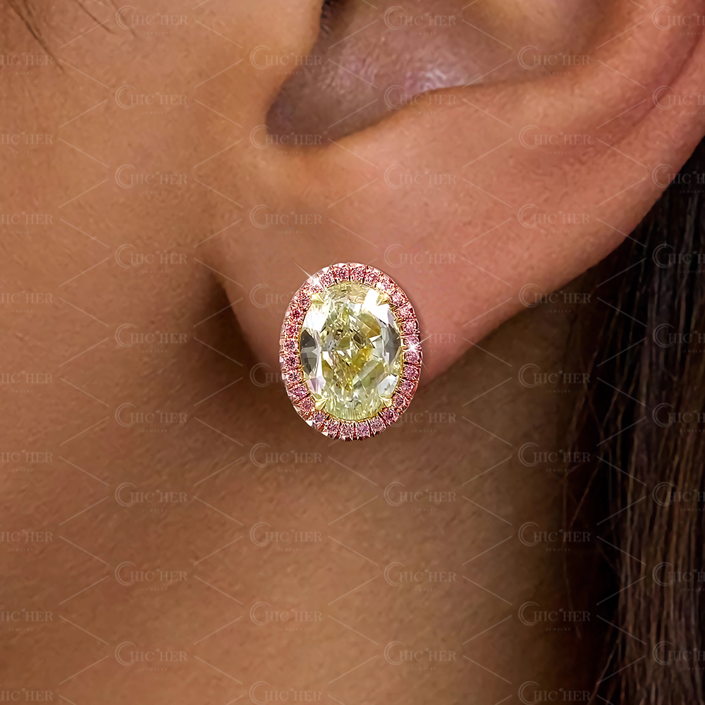 Pink Halo Oval Cut Apple Green Sapphire Stud Earrings