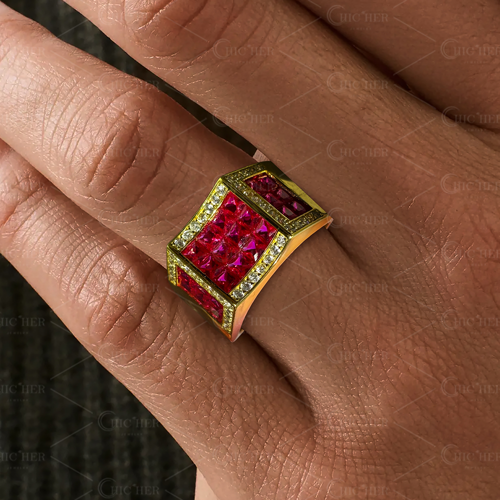 Invisible Setting 4.9ct Princess Cut Ruby Sapphire Men's Band