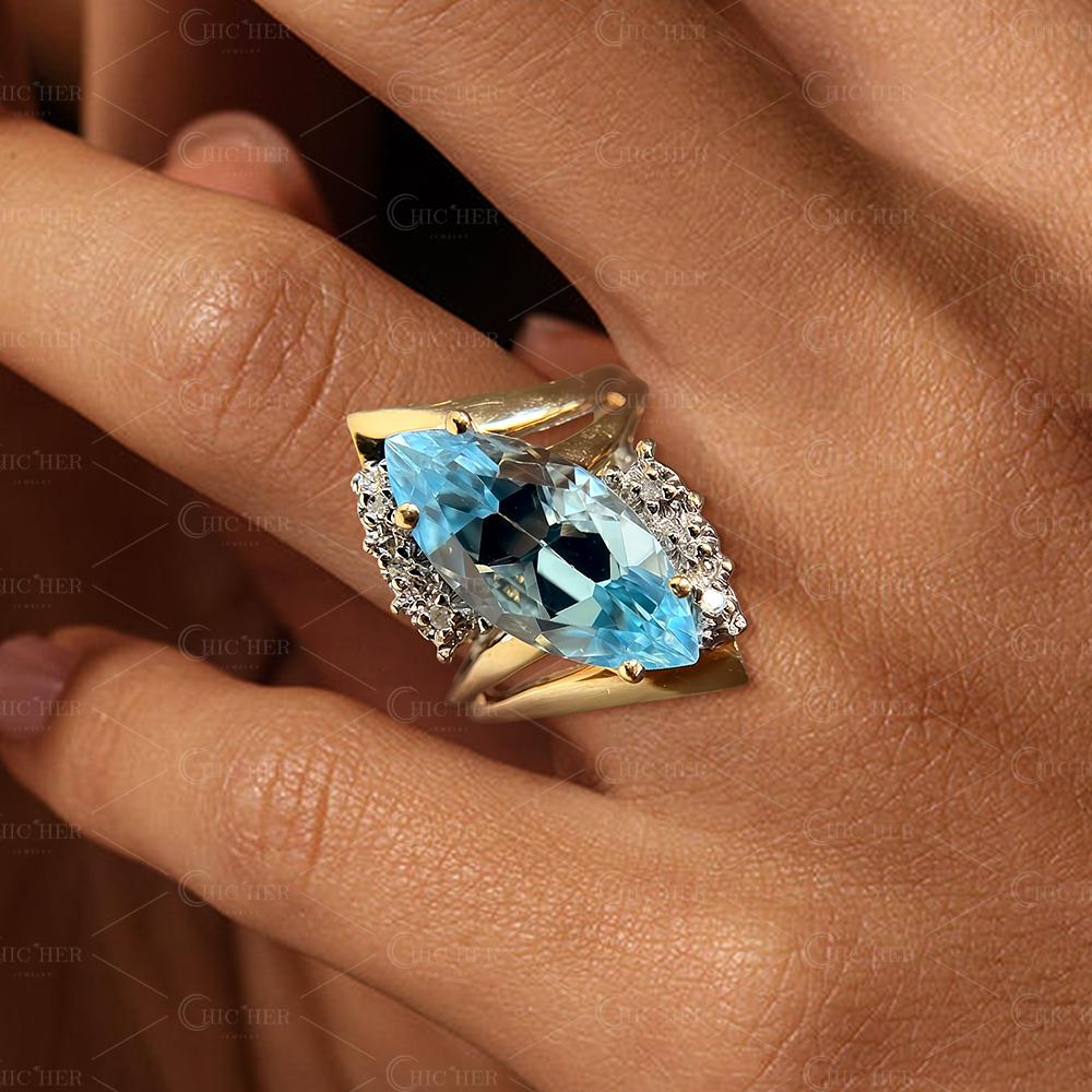 Bypass Design 3.5ct Marquise Cut Aquamarine Sapphire Engagement Ring