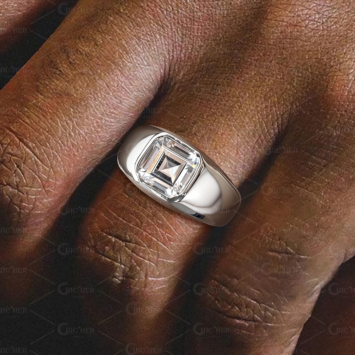 Bezel Setting 3ct Asscher Cut White Sapphire Men's Engagement Ring