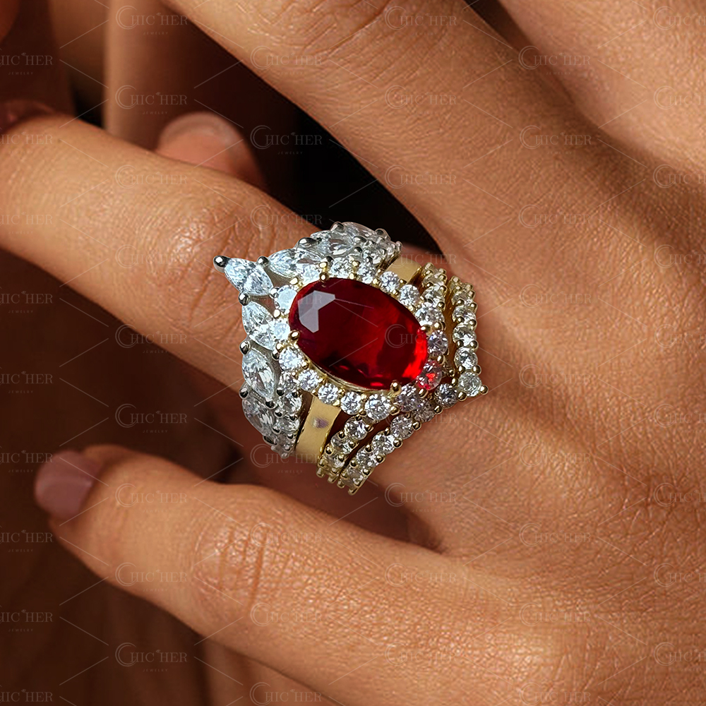 Halo 4ct Oval Cut Ruby Sapphire Wedding Set/4pcs