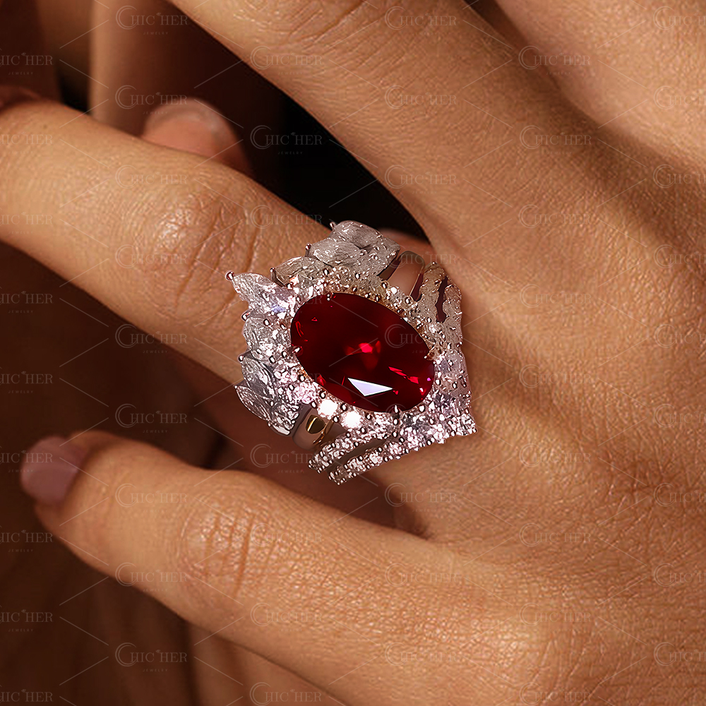 Halo 4ct Oval Cut Ruby Sapphire Wedding Set/4pcs