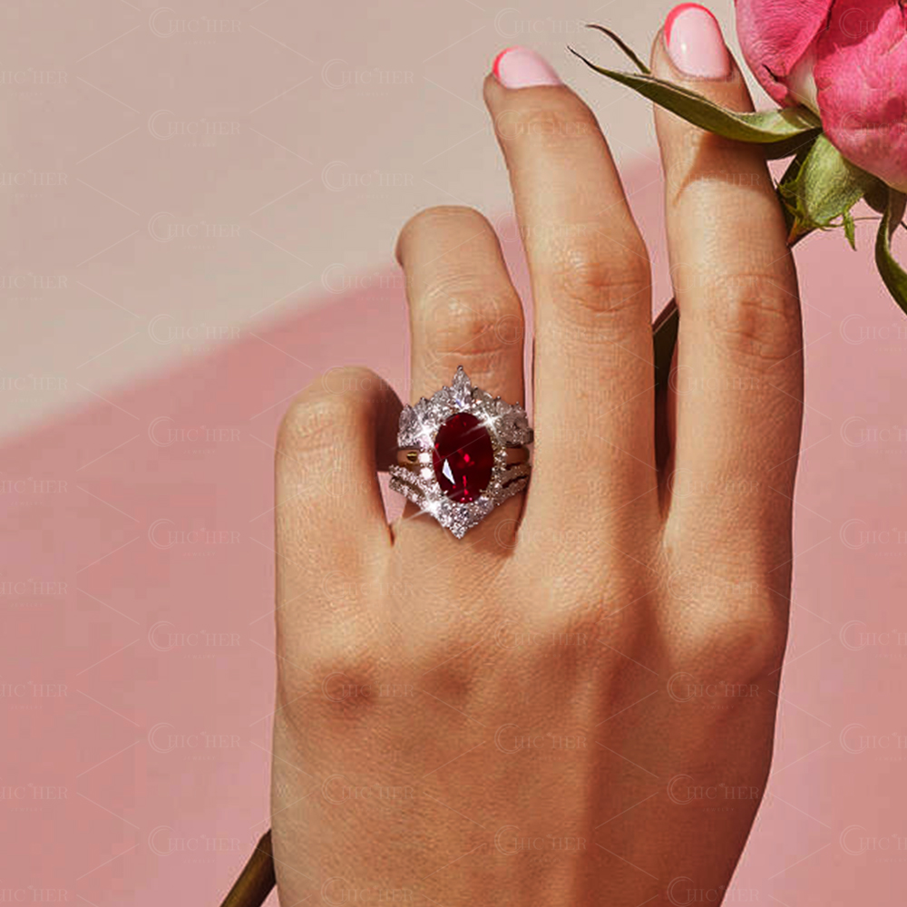 Halo 4ct Oval Cut Ruby Sapphire Wedding Set/4pcs