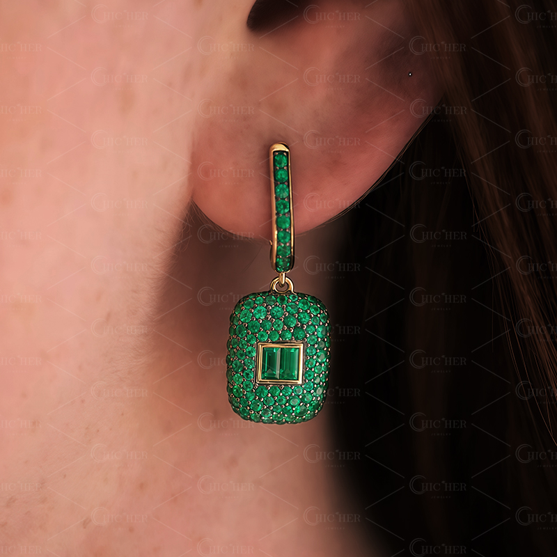 Micro Pave Setting Emerald Sapphire Dangle Earrings
