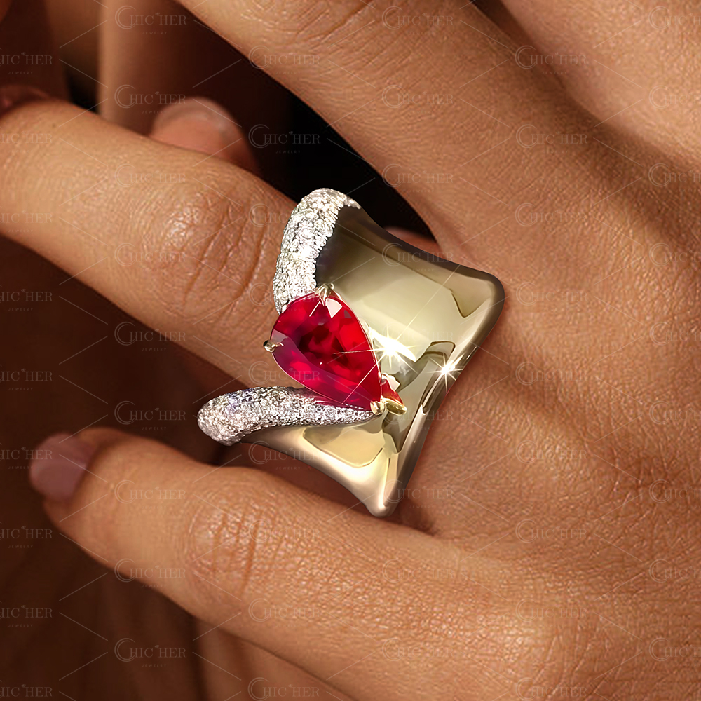 Luxury 3ct Pear Cut Ruby Sapphire Cocktail Ring
