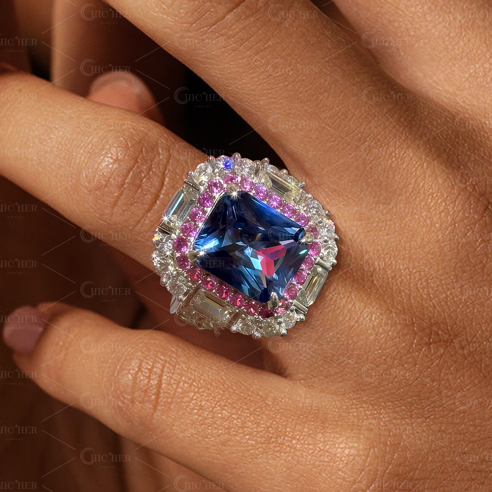 Double Halo 6ct Radiant Cut Light Blue Sapphire Engagement Ring