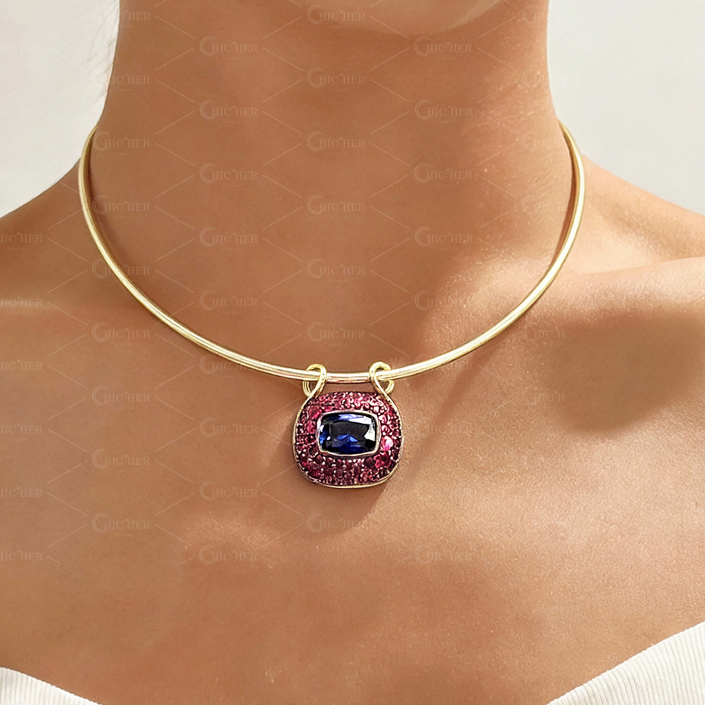 Longevity Lock Design Blue&Ruby Sapphire Two Tone Choker Necklace