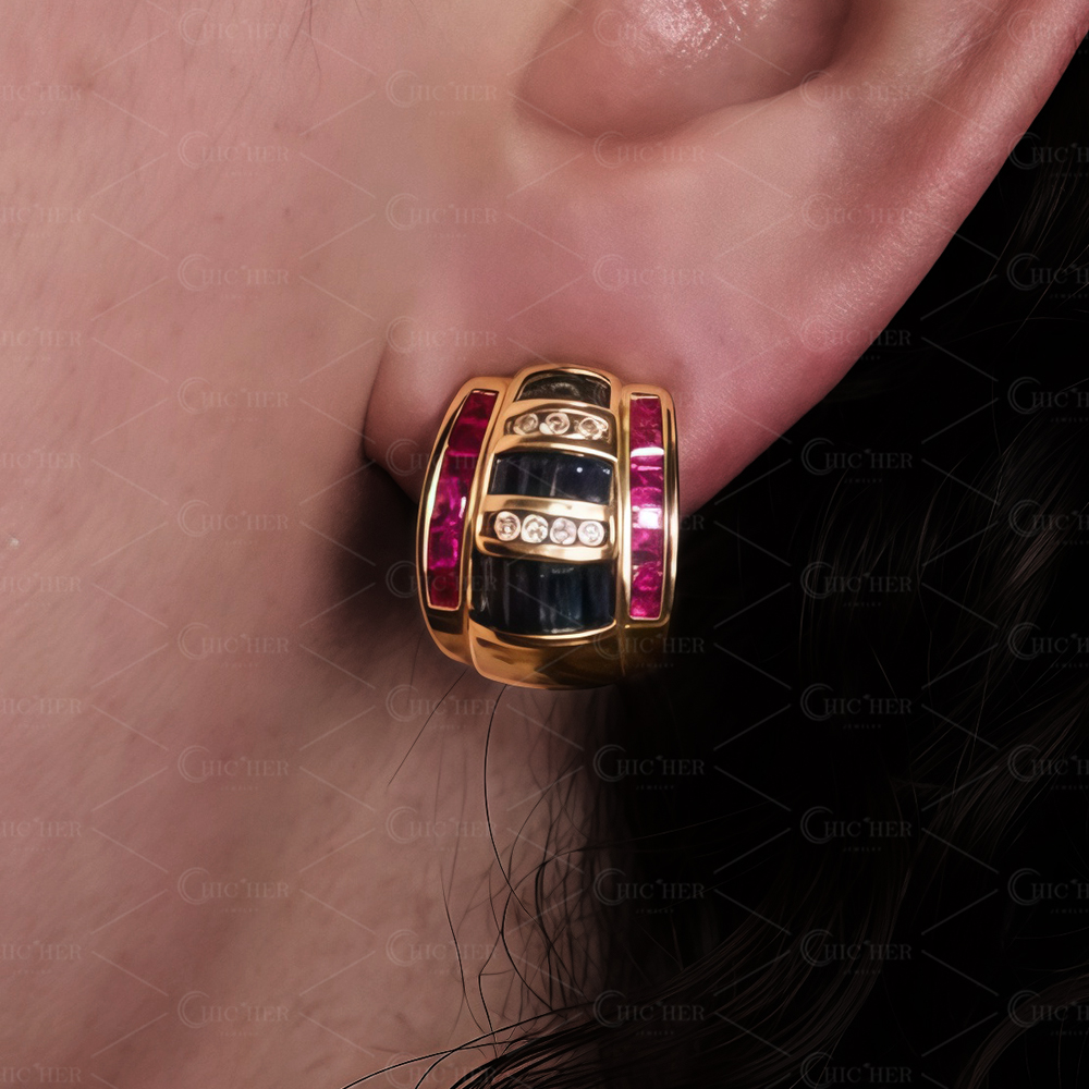 Three Tone Blue&Ruby&White Sapphire Hoop Earrings