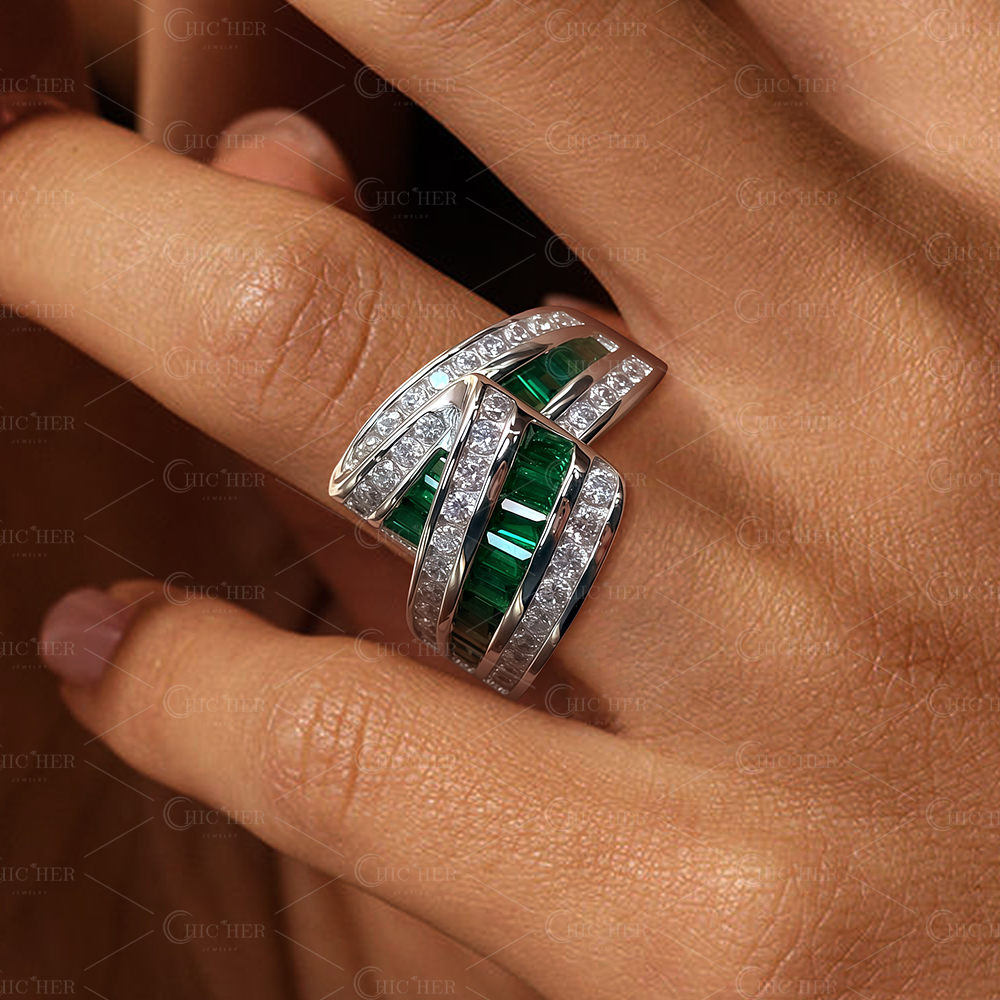 Channel Setting 3.25ct Emerald&White Sapphire Wedding Band