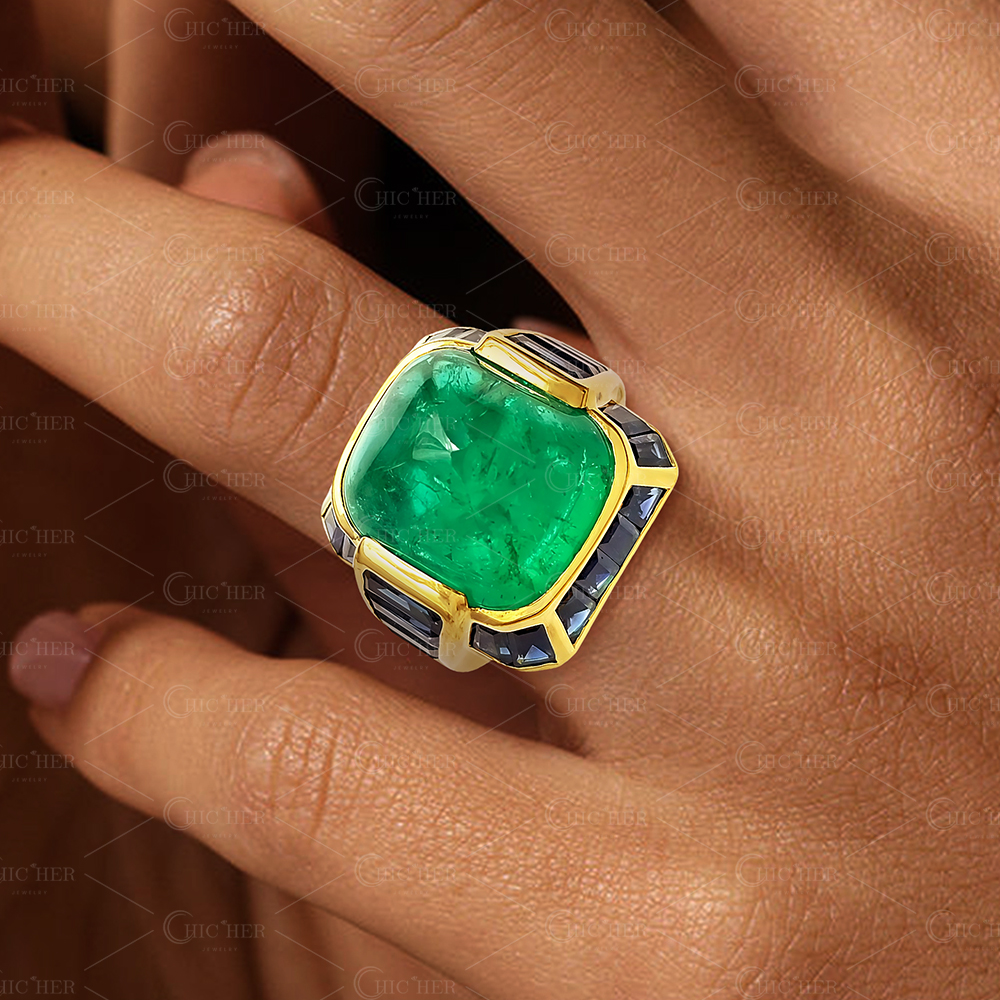 Sapphire Halo 10ct Cabochon Cut Emerald Sapphire Cocktail Ring