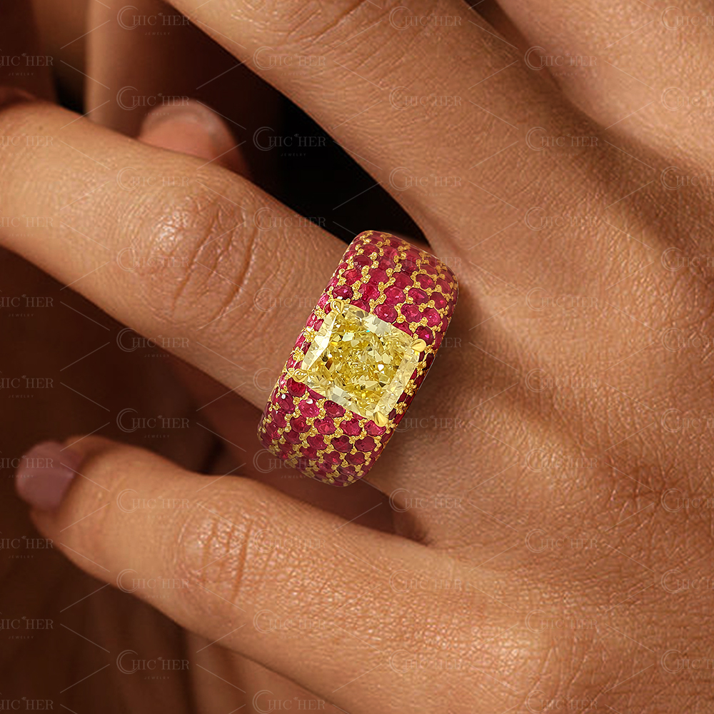 Pave Setting 7ct Cushion Cut Fancy Yellow Sapphire Cocktail Ring