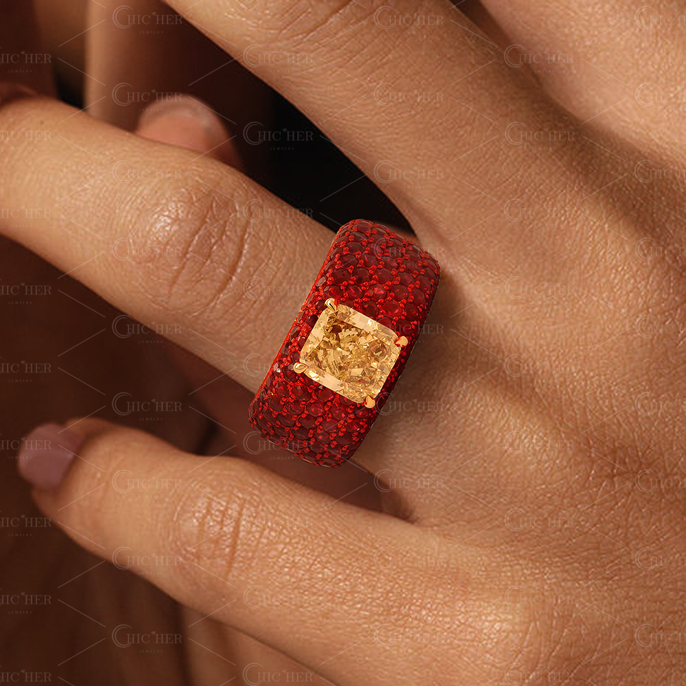 Red Plating 7ct Cushion Cut Fancy Yellow Sapphire Ring