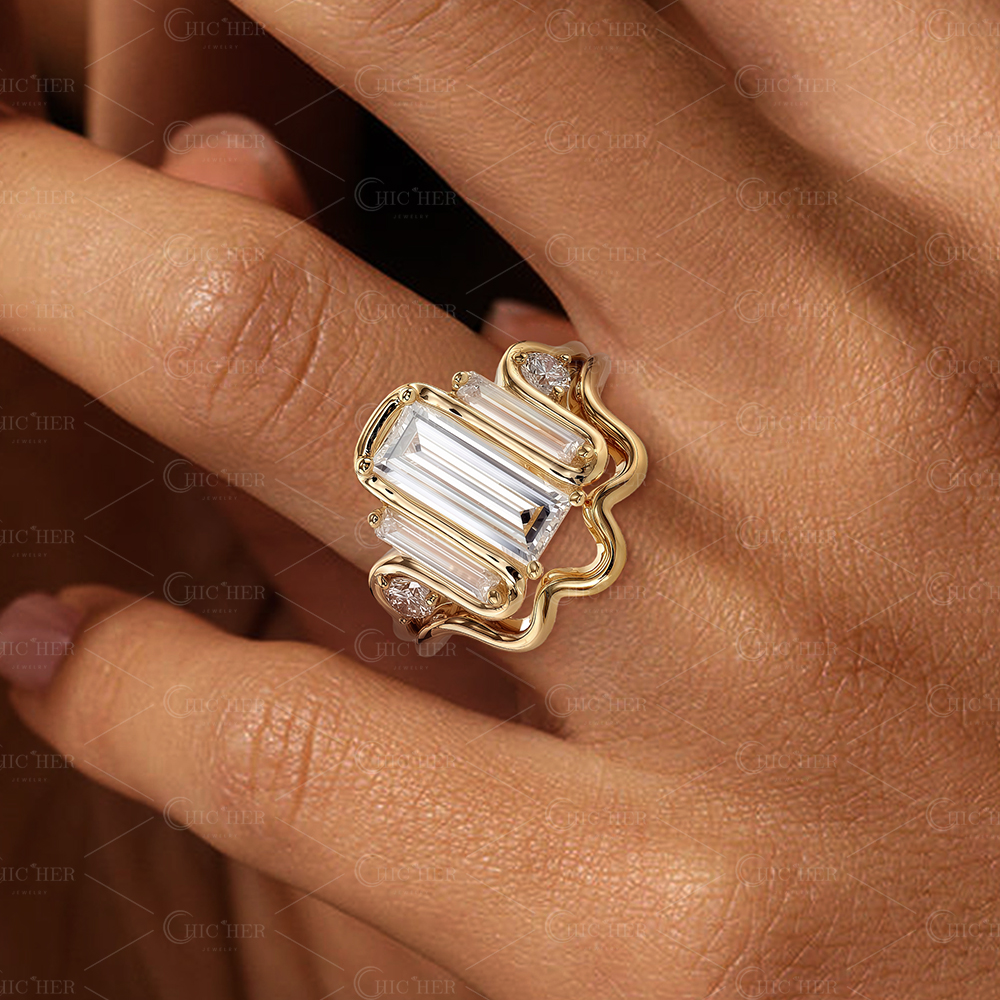 Ribbon Design 1.83ct Baguette Cut White Sapphire Wedding Set