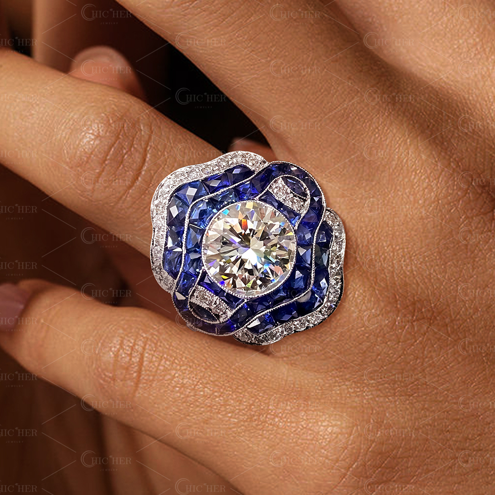 Art Deco 2.5ct Two Tone White&Blue Sapphire Engagement Ring