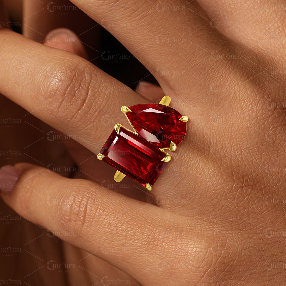 Toi et Moi 7ct Emerald&Pear Cut Ruby Sapphire Engagement Ring