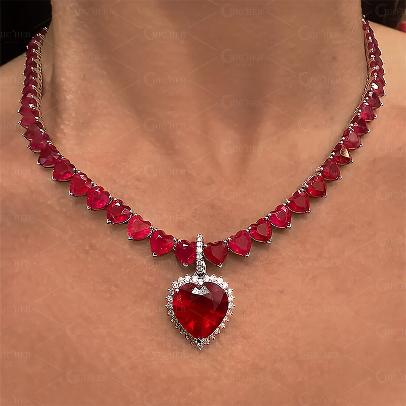 Heart Cut Ruby Sapphire Pendant Necklace
