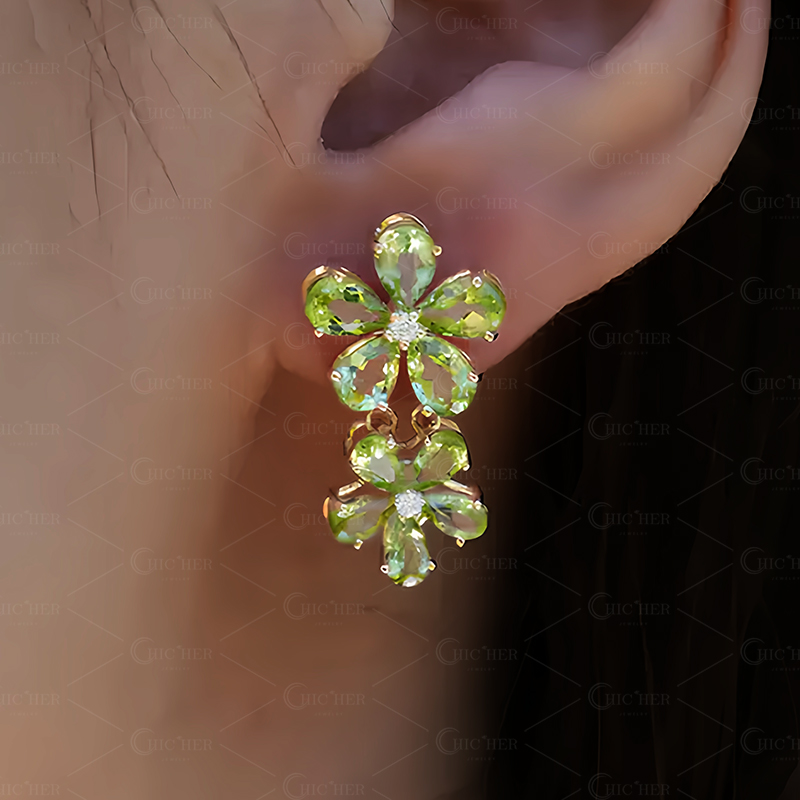 Flower Design Pear Cut Peridot Sapphire Dangle Earrings