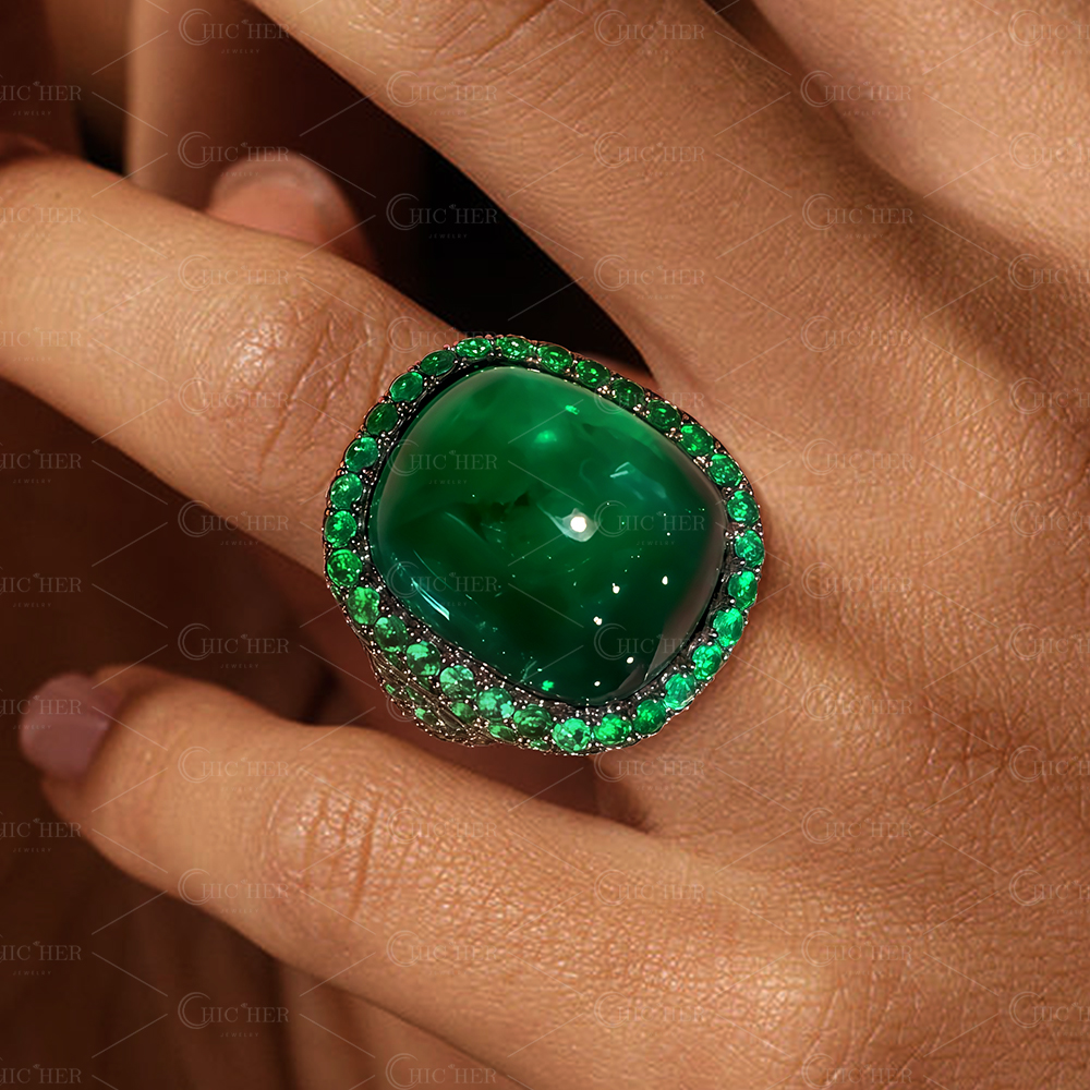 Full Pavé 8ct Emerald Sapphire Cabochon Cut Cocktail Ring