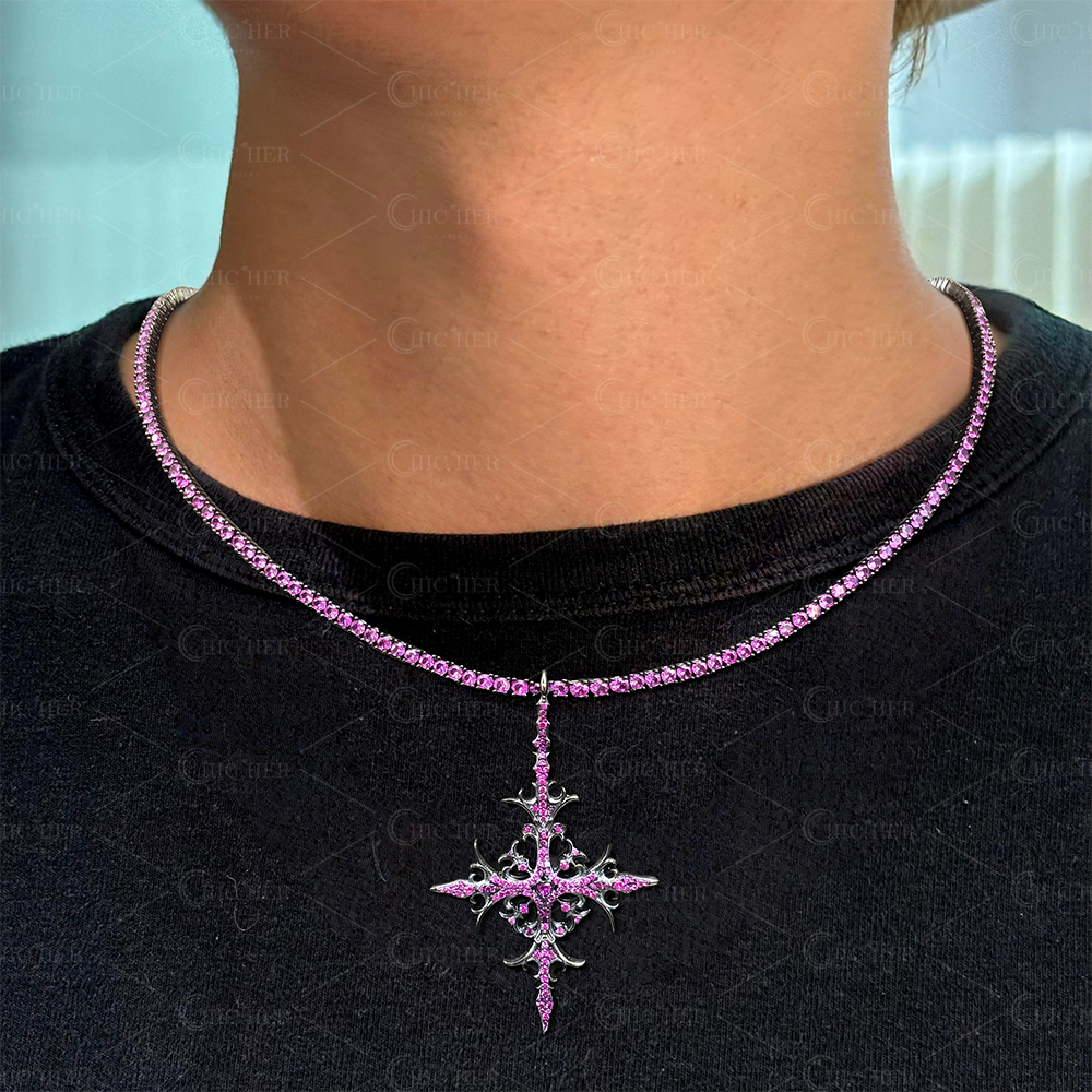Hip Hop Purple Sapphire Cross Pendant Necklace for Men
