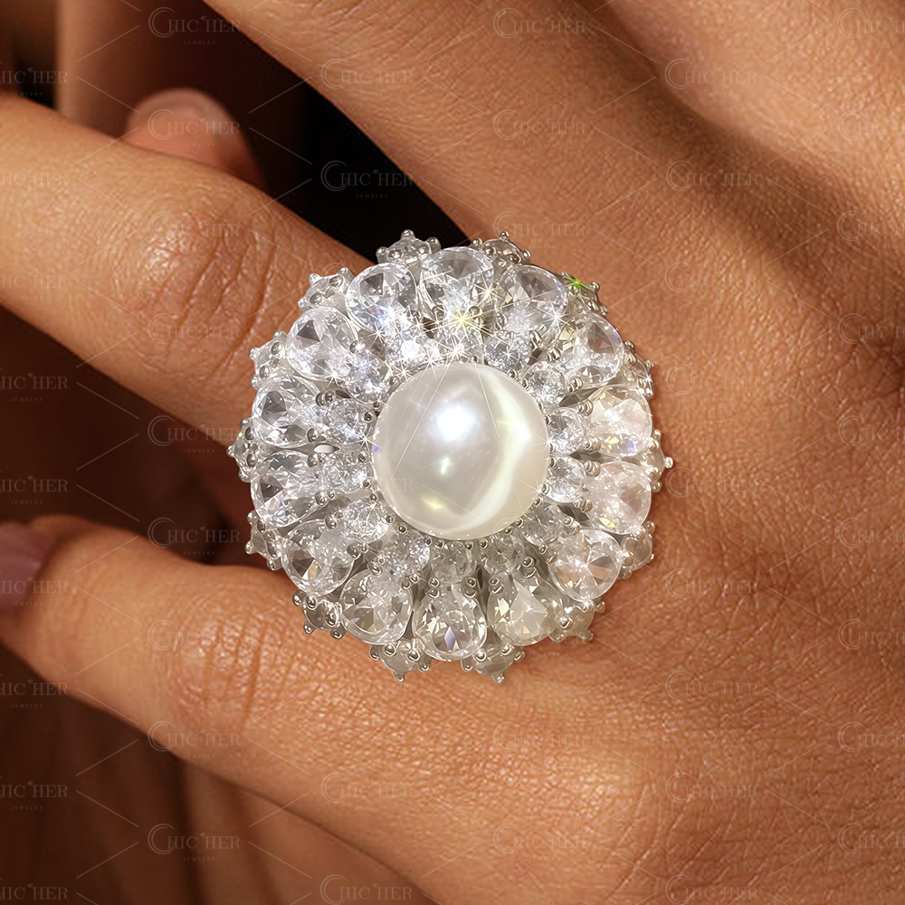 12mm Pearl Pear&Round Cut White Sapphire Cocktail Ring