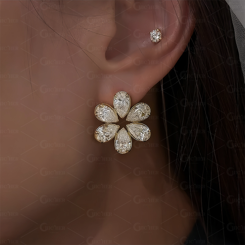Pear Cut White Sapphire Floral Stud Earrings