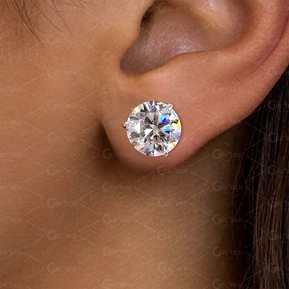 3-prong Setting Round Cut White Sapphire Stud Earrings In Platinum