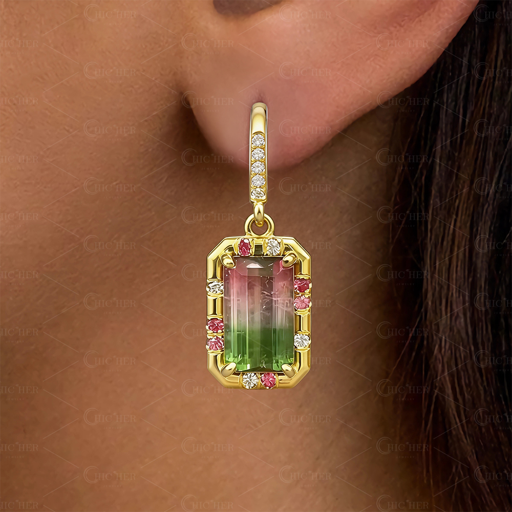Watermelon Tourmaline Golden Color Earrings