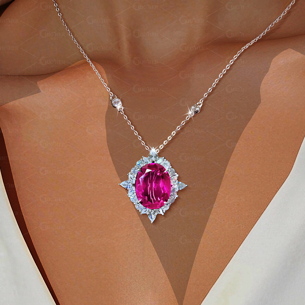 Ruby Sapphire Halo Pendant Necklace
