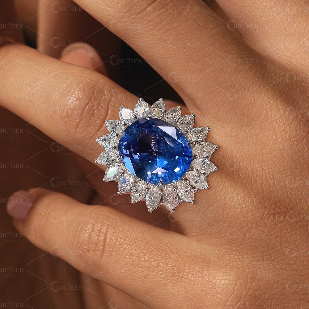 6ct Oval Cut Blue Sapphire Sunflower Engagement Ring