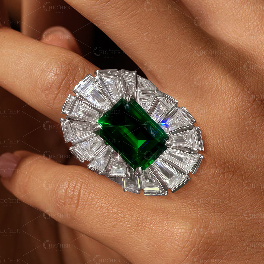4ct Spiral Design Emerald Cut Emerald Sapphire Ring