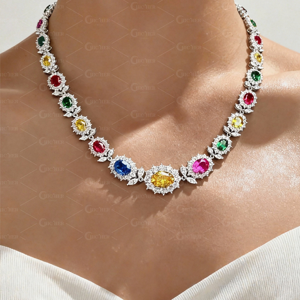 Floral Design Oval Cut Multi-Gemstone Necklace