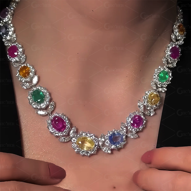 Floral Design Oval Cut Multi-Gemstone Necklace