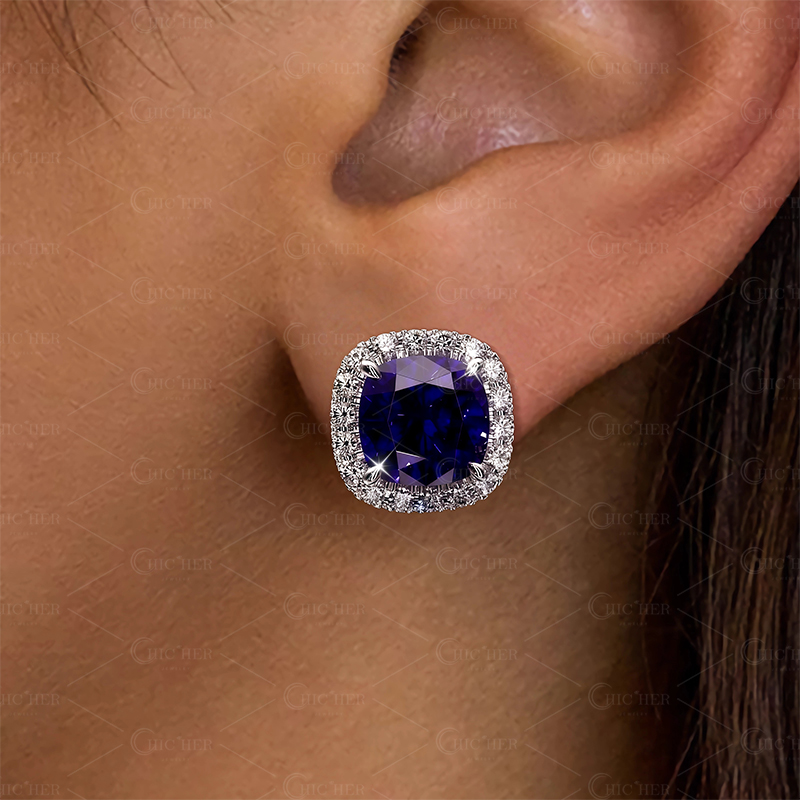 Blue Sapphire Cushion Cut Halo Stud Earrings