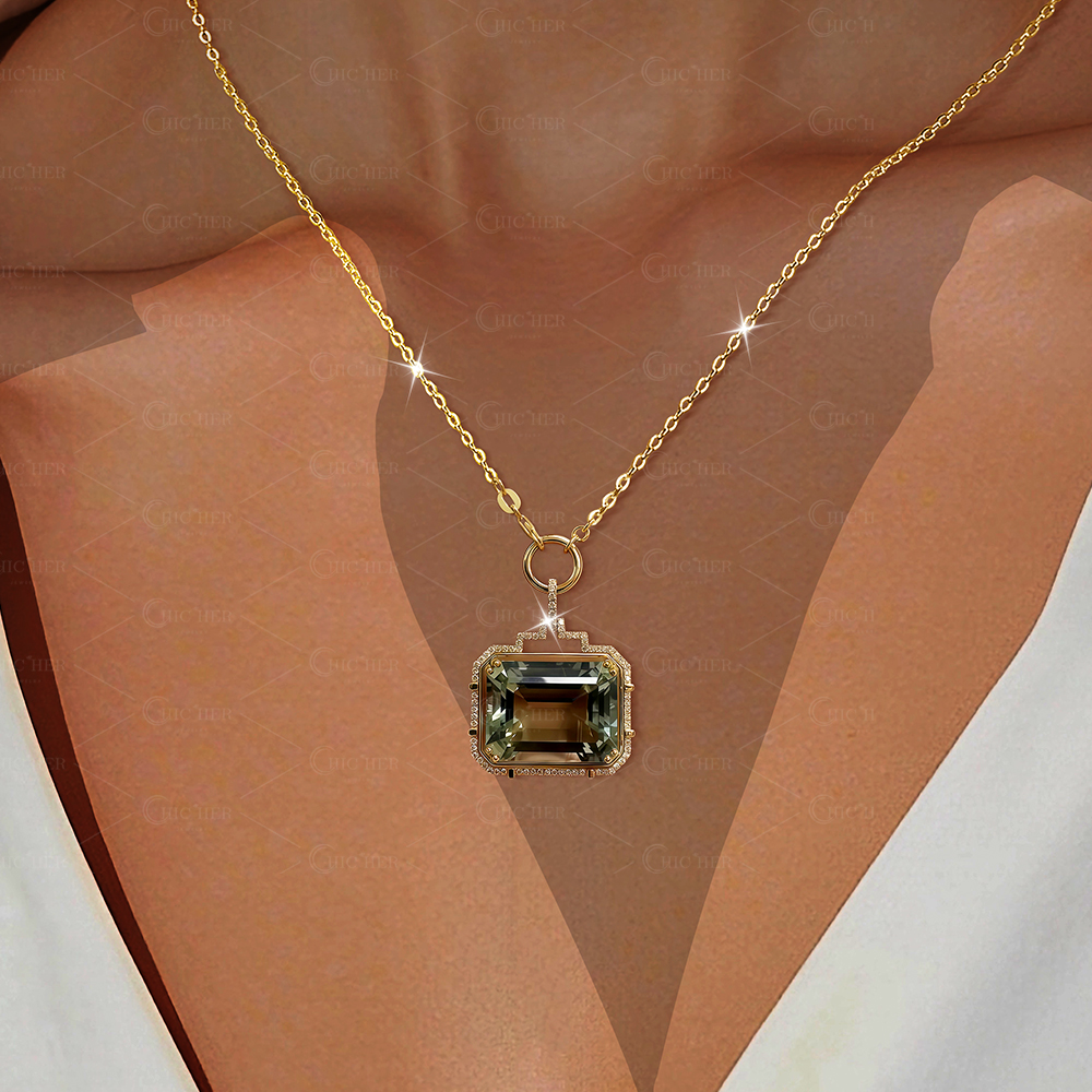  Emerald Cut Peridot Sapphire Pendant Necklace