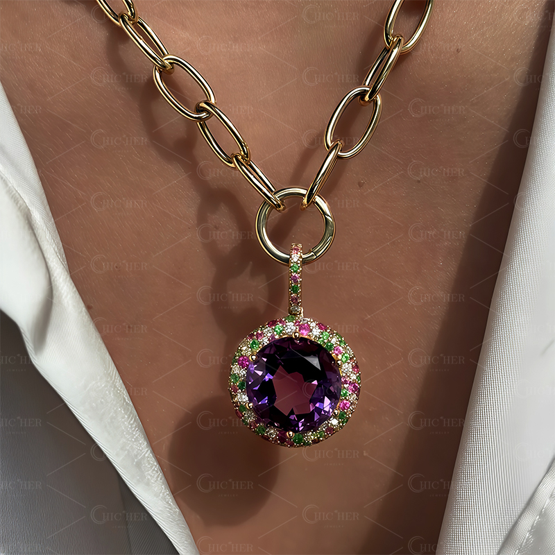 Round Cut Purple Sapphire Halo Pendant Necklace