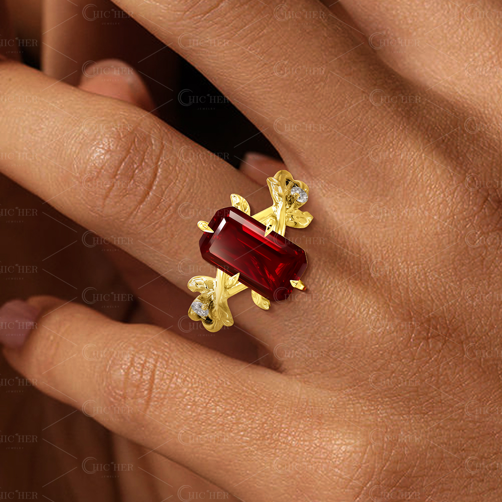 3ct Emerald Cut Ruby Sapphire Vine Engagement Ring
