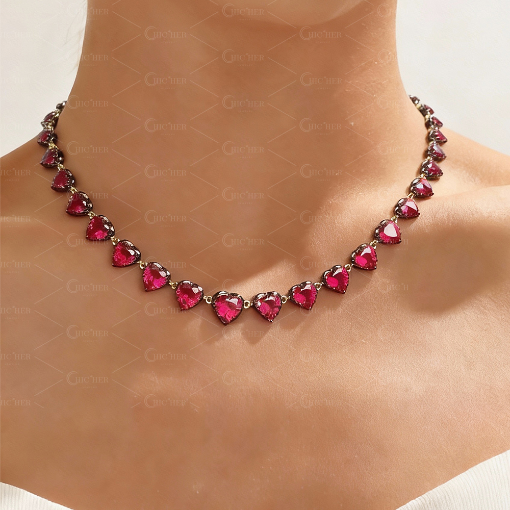 Ruby Heart Button Back Necklace