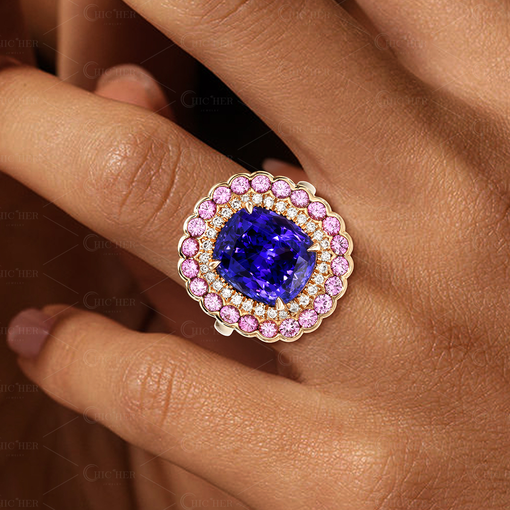 Double Halo 4ct Cushion Cut Blue Sapphire Ring