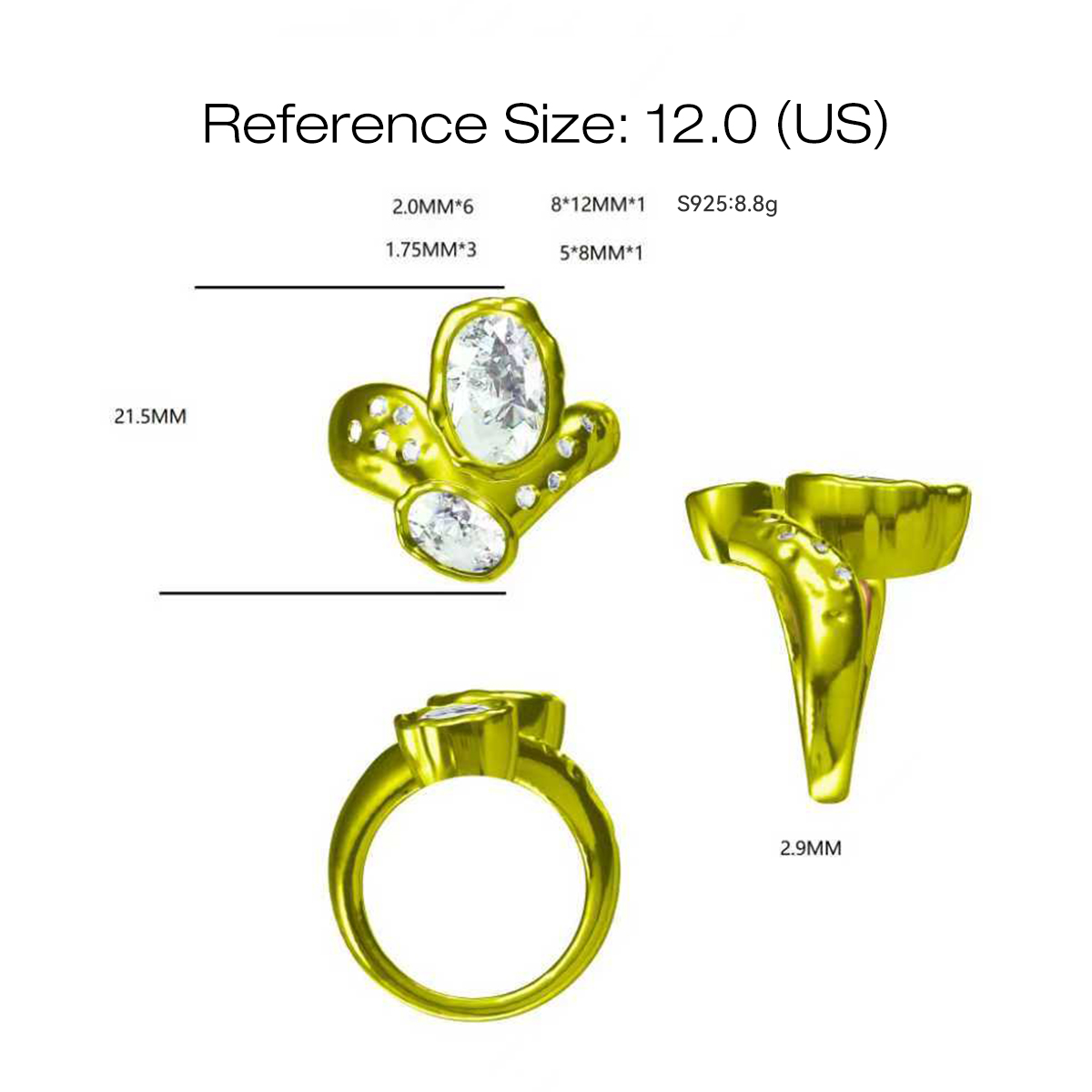 Oval Cut White Sapphire Irregular Unisex Ring