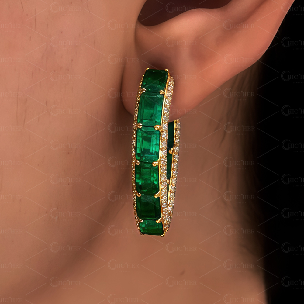 Emerald & White Sapphire Hoop Earrings