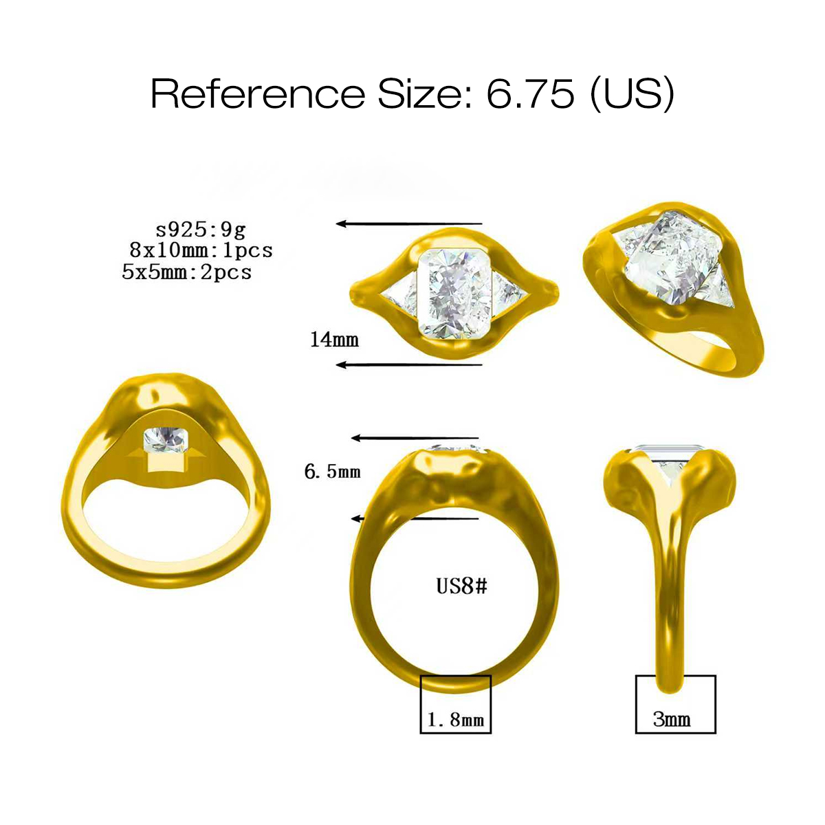 3ct Bezel Setting Cushion Cut White Sapphire Ring in Gold Plating