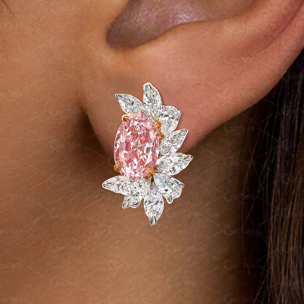 Halo Pink Sapphire Oval Cut Stud Earrings